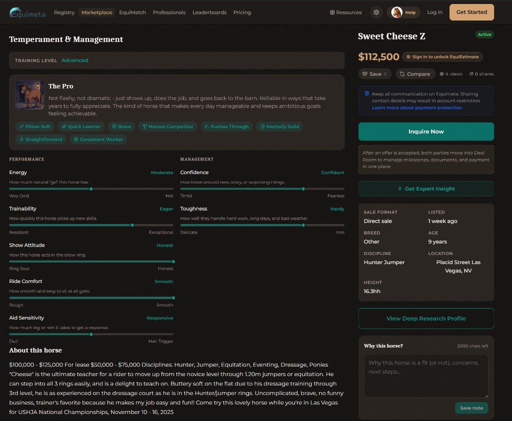 Equimeta listing detail view showing temperament insights, listing details, and deal actions.